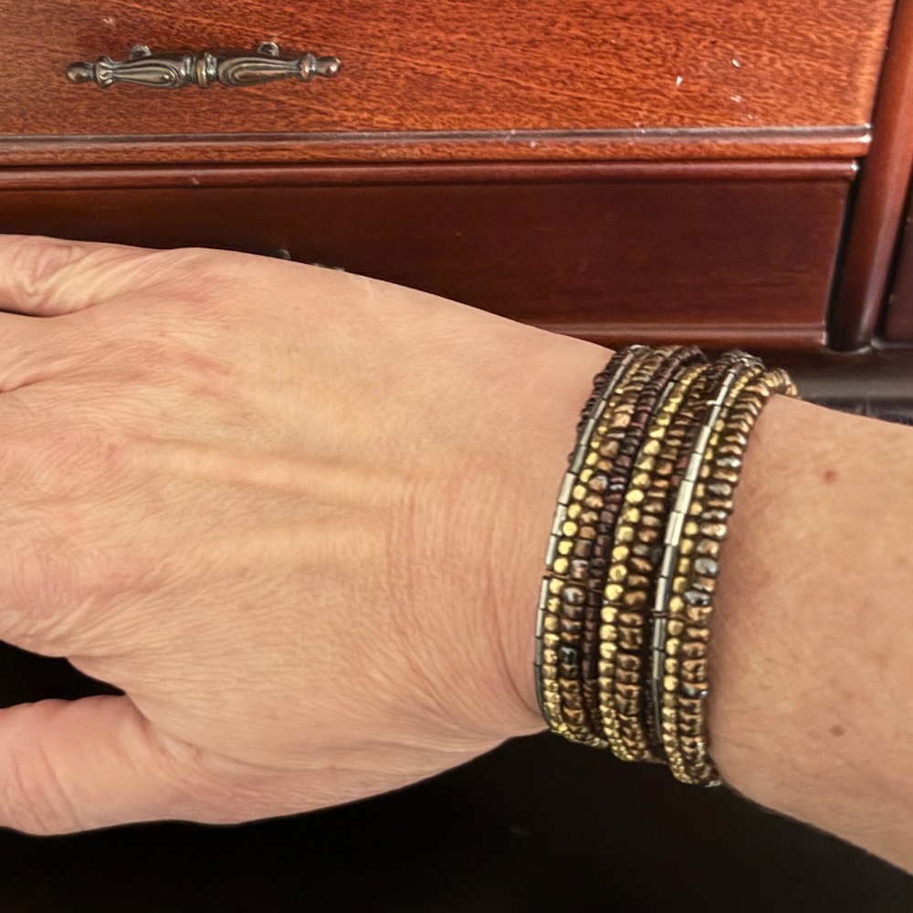 Gold and Brown Beaded Bangle Bracelet